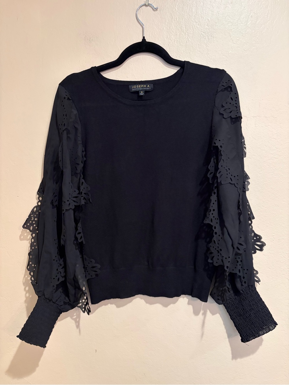 Soft Black Blouse w/ Long Sleeves, Eyelet Appliqués and Ribbed Cuffs, Night Out